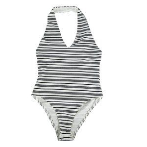 Fourteen & 9th Womens NWT L Bodysuit Halter Style Lined Blk White Striped Casual